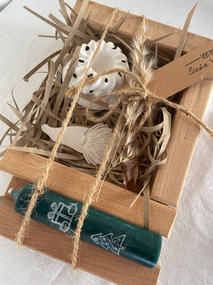 Holzset mit Kerze und Keramikdeko